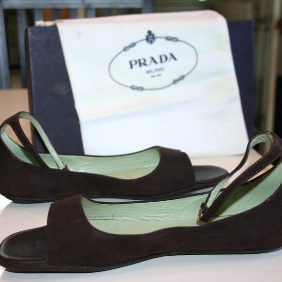 PRADA Itay Size 8M Vintage Dark Brown Suede FLATS Open Toe Ankle Strap Worn 1x - Picture 5 of 9